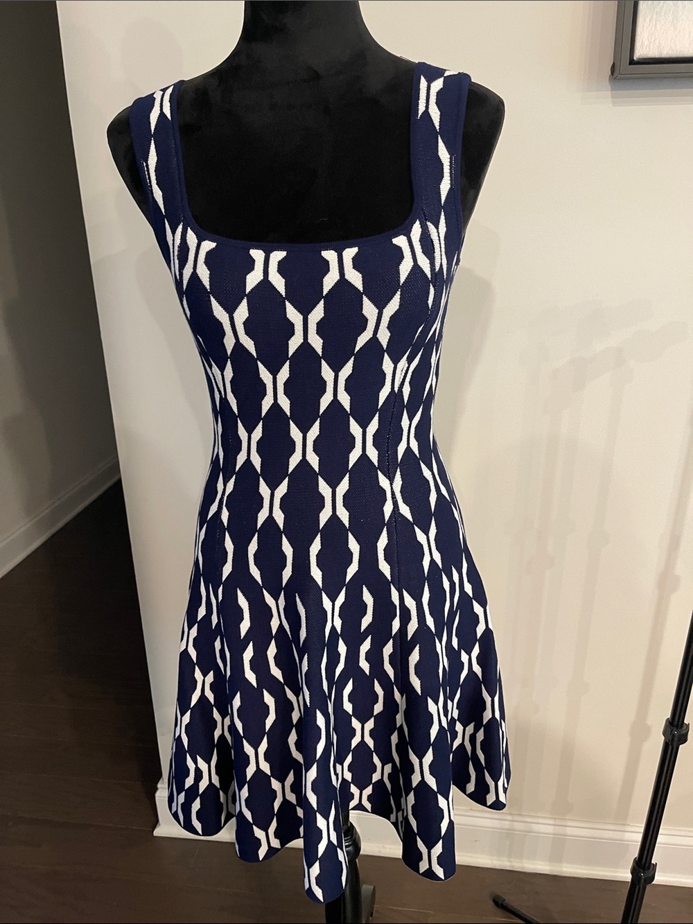 Navy and White Patterned Fit-and-Flare Dress